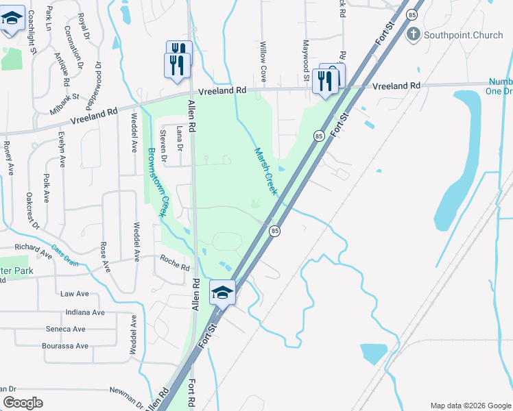map of restaurants, bars, coffee shops, grocery stores, and more near 27972 Fort Street in Brownstown Charter Township
