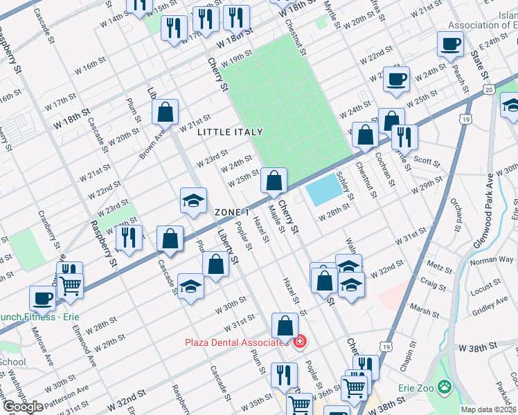 map of restaurants, bars, coffee shops, grocery stores, and more near 633 West 26th Street in Erie