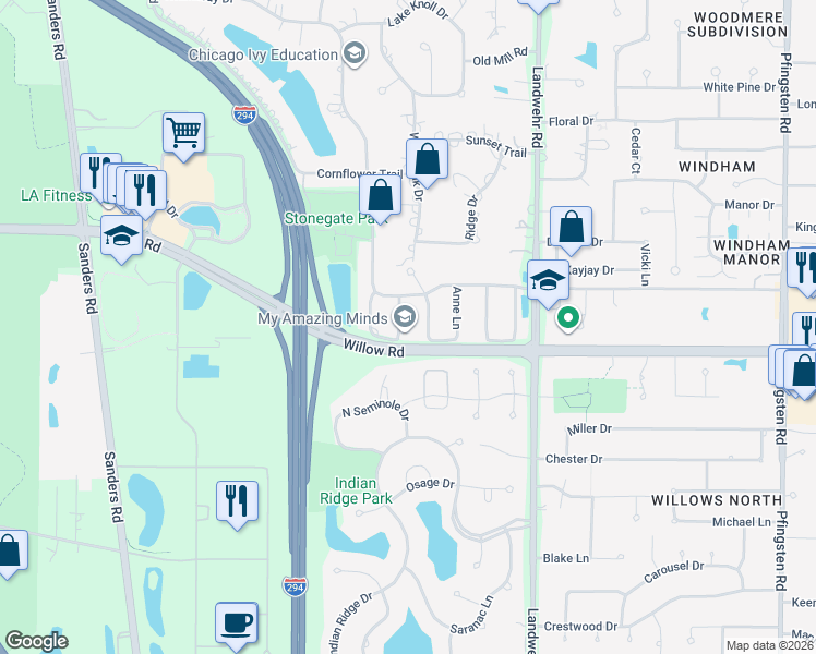 map of restaurants, bars, coffee shops, grocery stores, and more near 2565 Talia Lane in Northbrook