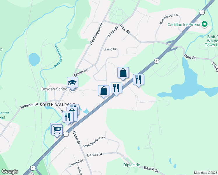 map of restaurants, bars, coffee shops, grocery stores, and more near 48 Irving Drive in Walpole