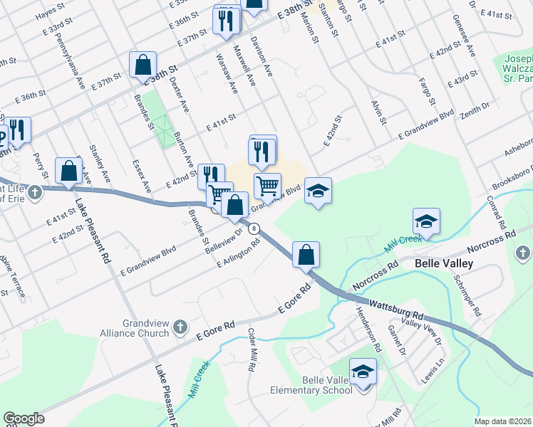 map of restaurants, bars, coffee shops, grocery stores, and more near 1301 East Grandview Boulevard in Erie