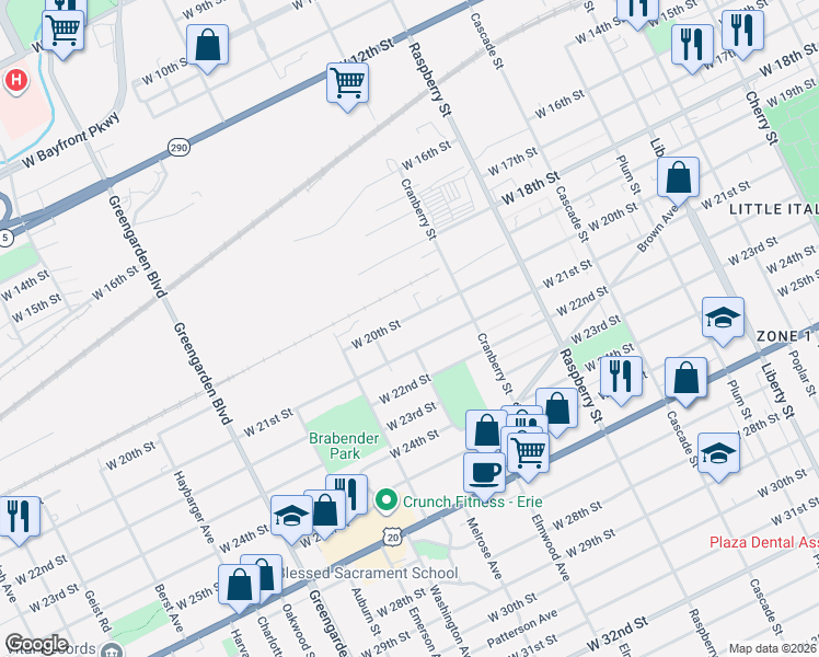 map of restaurants, bars, coffee shops, grocery stores, and more near 1259 61 W 20 St in Erie