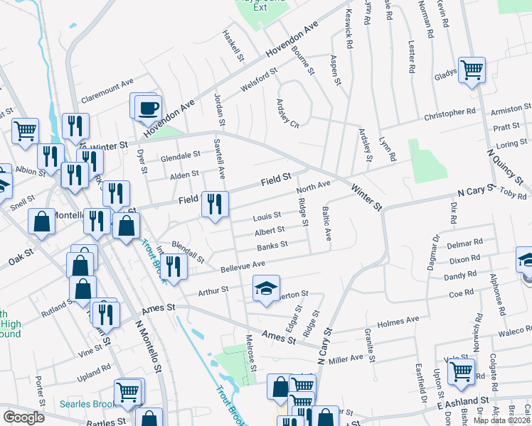 map of restaurants, bars, coffee shops, grocery stores, and more near 44 Louis Street in Brockton