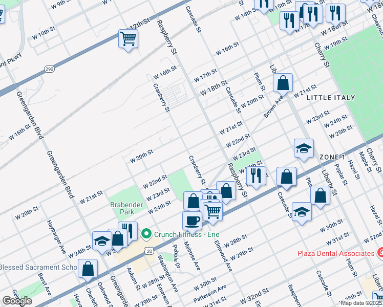 map of restaurants, bars, coffee shops, grocery stores, and more near 2109 Cranberry Street in Erie