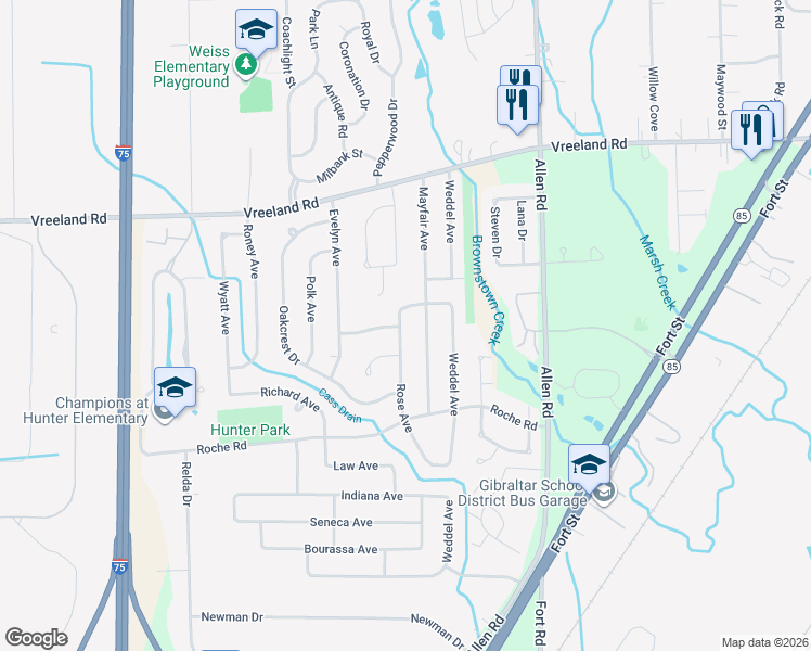 map of restaurants, bars, coffee shops, grocery stores, and more near 27505 Rose Avenue in Brownstown Charter Township