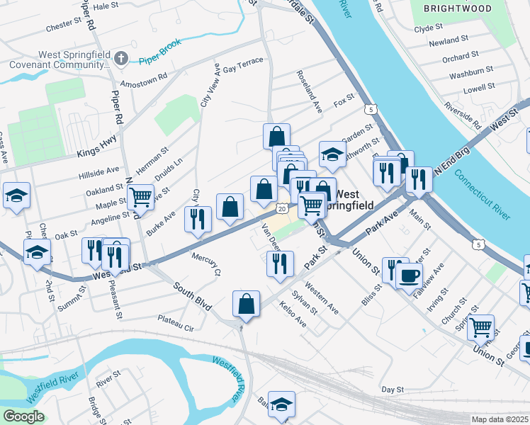map of restaurants, bars, coffee shops, grocery stores, and more near 120 Westfield Street in West Springfield