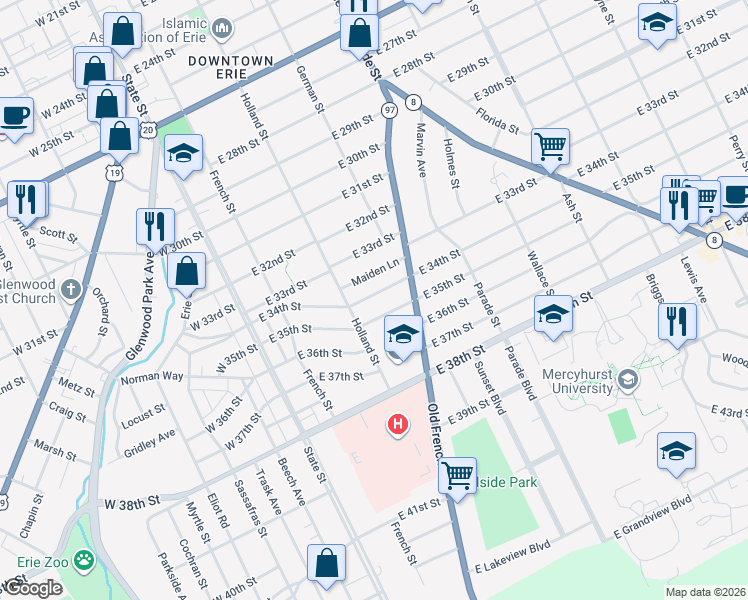map of restaurants, bars, coffee shops, grocery stores, and more near 225 East 34th Street in Erie