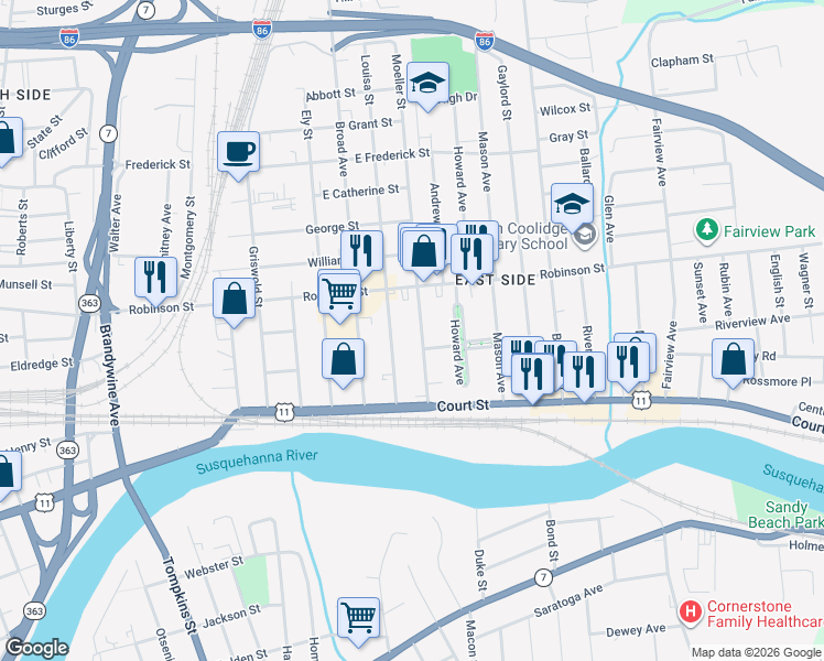 map of restaurants, bars, coffee shops, grocery stores, and more near 29 Moeller Street in Binghamton