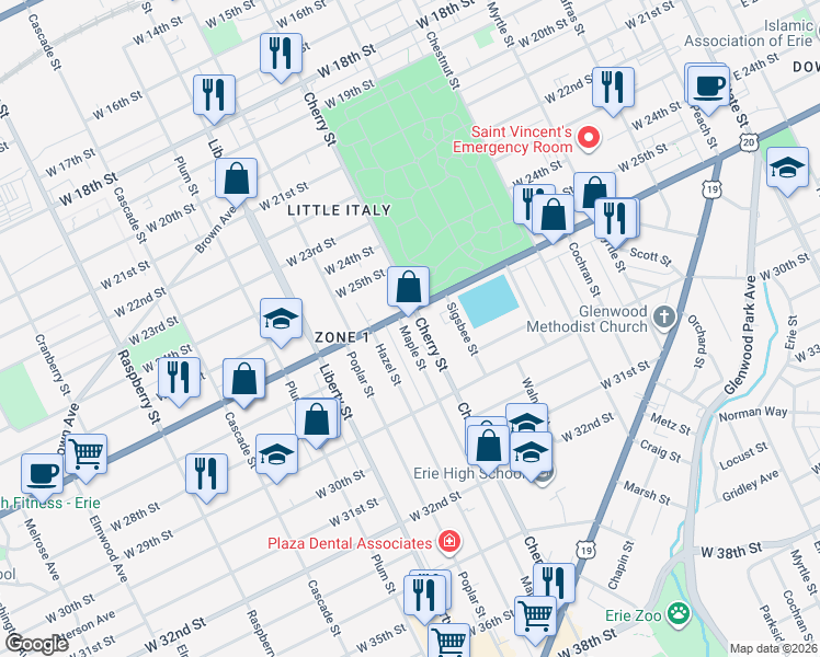 map of restaurants, bars, coffee shops, grocery stores, and more near 2622 Cherry Street in Erie
