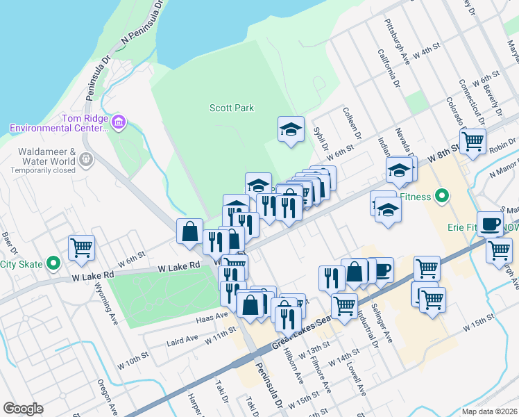 map of restaurants, bars, coffee shops, grocery stores, and more near 606 Lowell Avenue in Erie