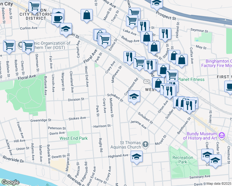 map of restaurants, bars, coffee shops, grocery stores, and more near 12 Boulevard Terrace in Binghamton