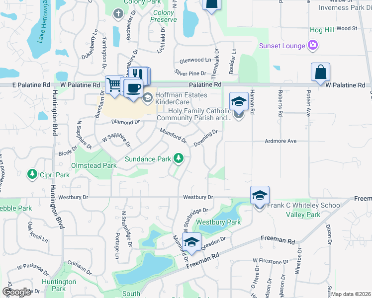 map of restaurants, bars, coffee shops, grocery stores, and more near 4570 Mumford Drive in Hoffman Estates