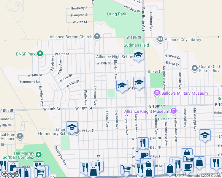 map of restaurants, bars, coffee shops, grocery stores, and more near 450 West 12th Street in Alliance