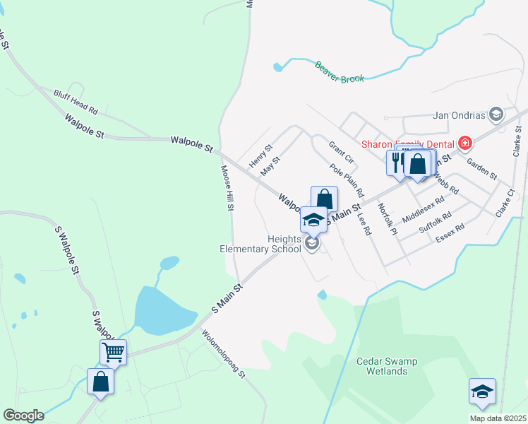 map of restaurants, bars, coffee shops, grocery stores, and more near 15 Roberta Road in Sharon