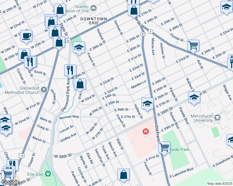 map of restaurants, bars, coffee shops, grocery stores, and more near 128 E 34th St in Erie