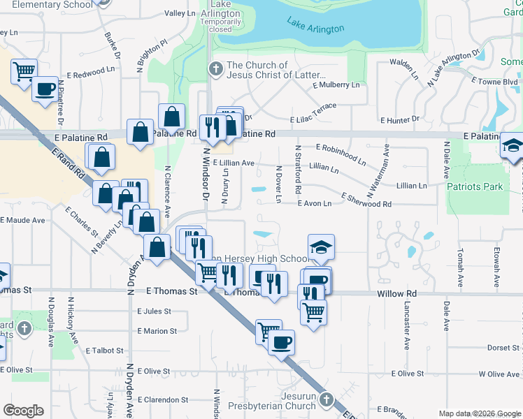 map of restaurants, bars, coffee shops, grocery stores, and more near 1617 East Avon Court in Arlington Heights