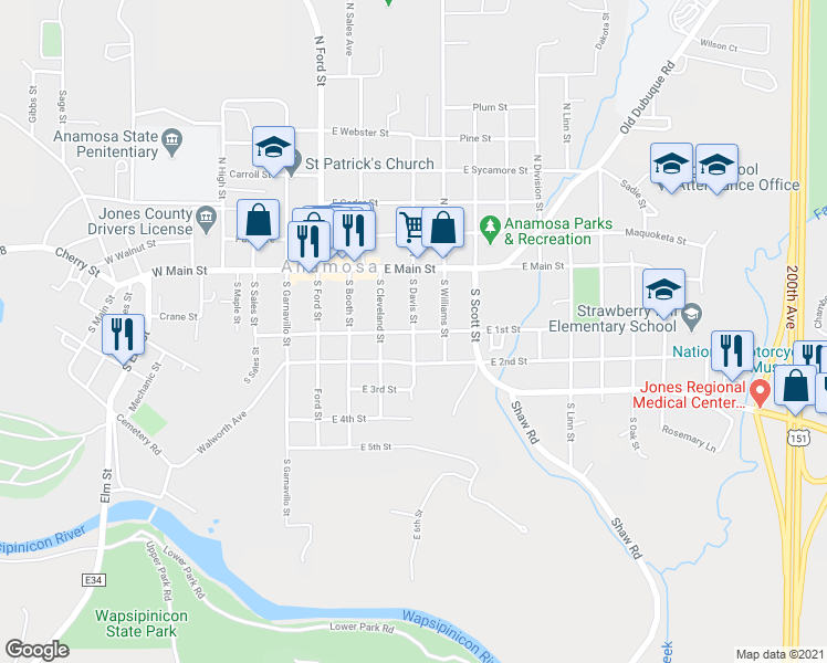 map of restaurants, bars, coffee shops, grocery stores, and more near 398 East 1st Street in Anamosa