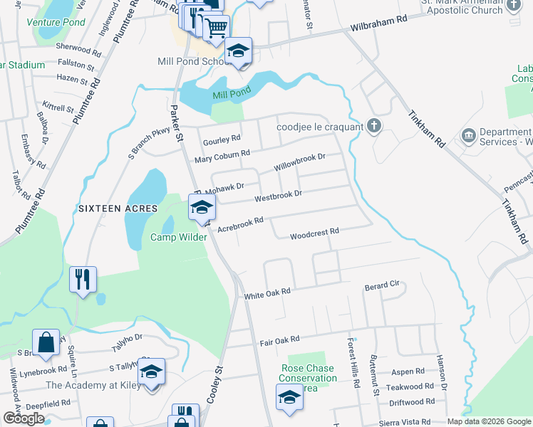 map of restaurants, bars, coffee shops, grocery stores, and more near 94 Acrebrook Road in Springfield