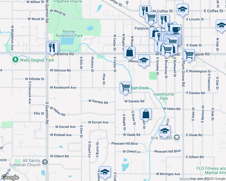 map of restaurants, bars, coffee shops, grocery stores, and more near 429 West Kenilworth Avenue in Palatine