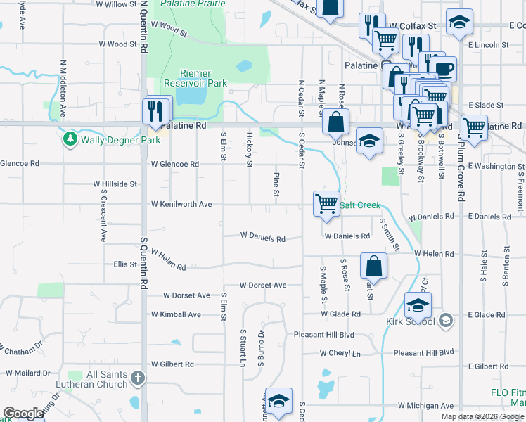 map of restaurants, bars, coffee shops, grocery stores, and more near 501 West Kenilworth Avenue in Palatine