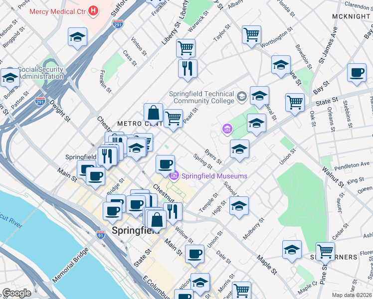 map of restaurants, bars, coffee shops, grocery stores, and more near Spring Street in Springfield
