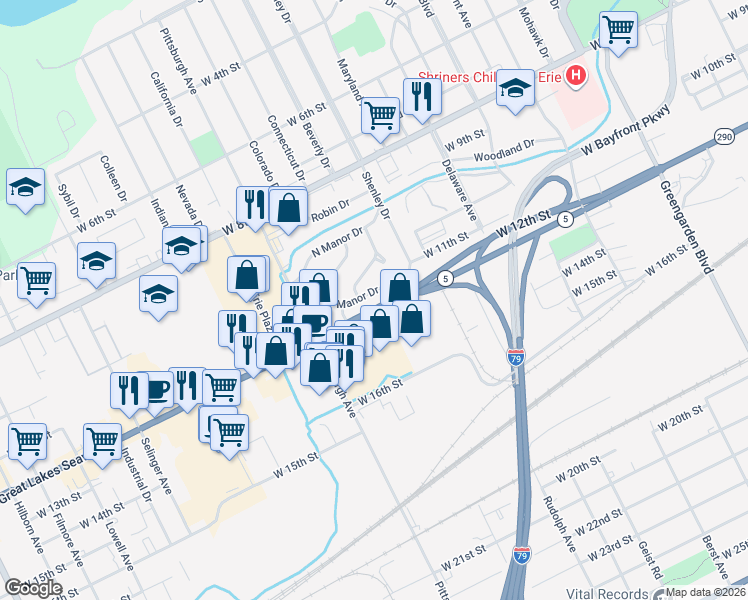 map of restaurants, bars, coffee shops, grocery stores, and more near 2121 S Manor Dr in Erie