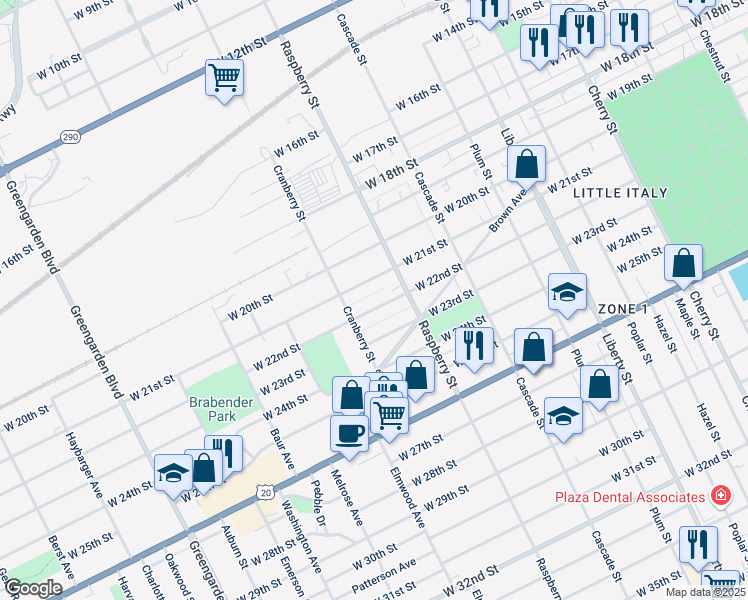 map of restaurants, bars, coffee shops, grocery stores, and more near 1124 West 22nd Street in Erie