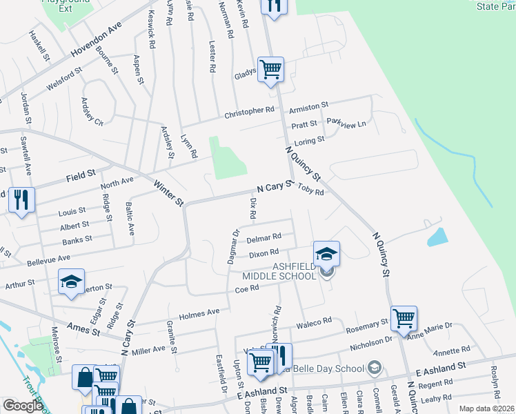 map of restaurants, bars, coffee shops, grocery stores, and more near 23 Dix Road in Brockton