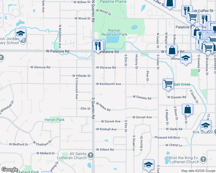 map of restaurants, bars, coffee shops, grocery stores, and more near 651 West Kenilworth Avenue in Palatine