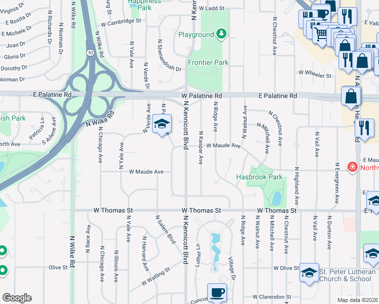 map of restaurants, bars, coffee shops, grocery stores, and more near 1543 North Kennicott Avenue in Arlington Heights