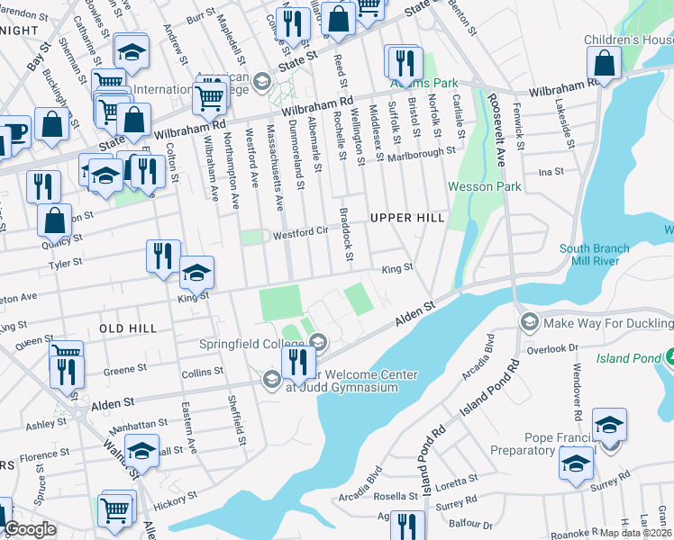 map of restaurants, bars, coffee shops, grocery stores, and more near 209 Albemarle Street in Springfield