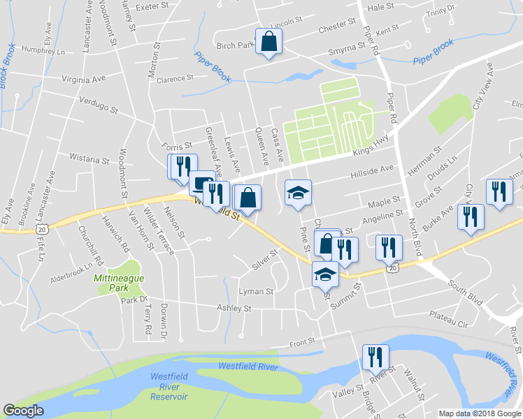 map of restaurants, bars, coffee shops, grocery stores, and more near 30 Maple Terrace in West Springfield