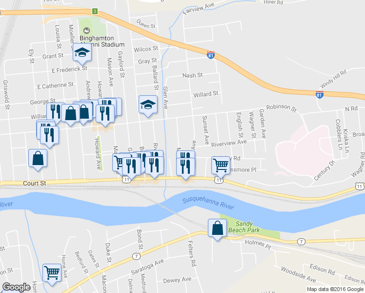 map of restaurants, bars, coffee shops, grocery stores, and more near 26 Milford Street in Binghamton