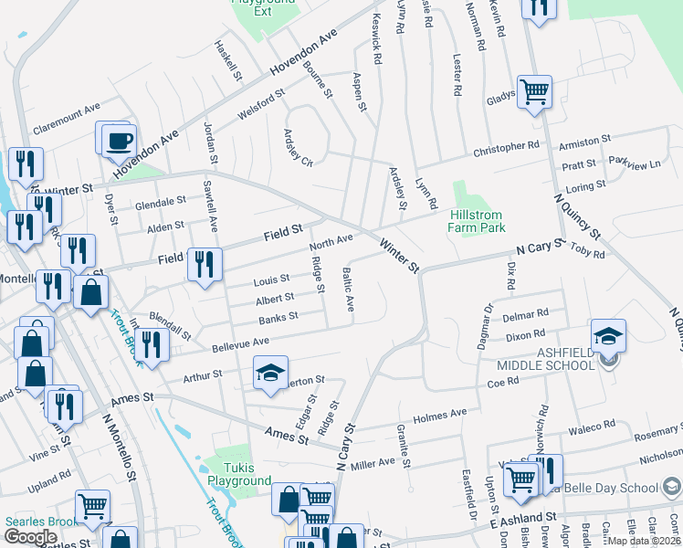 map of restaurants, bars, coffee shops, grocery stores, and more near 50 Baltic Avenue in Brockton