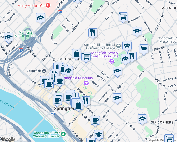 map of restaurants, bars, coffee shops, grocery stores, and more near 79 Spring Street in Springfield
