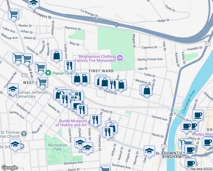 map of restaurants, bars, coffee shops, grocery stores, and more near 1 Phelps Street in Binghamton