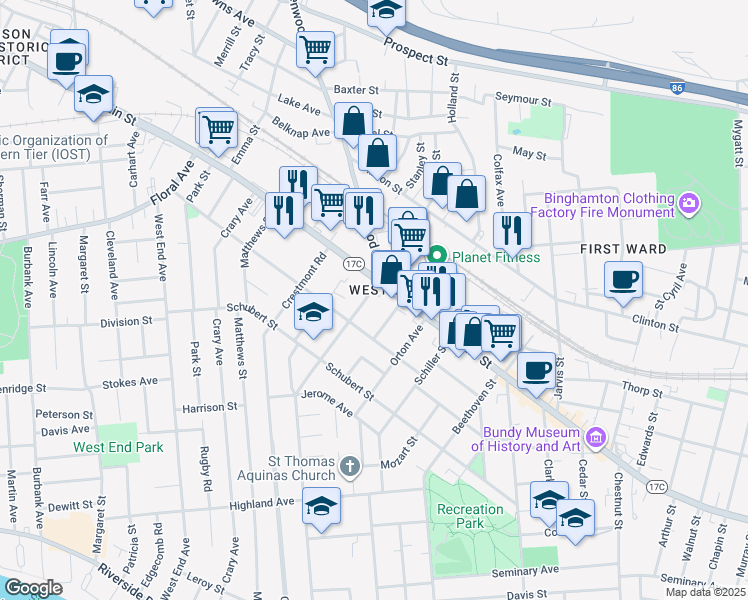 map of restaurants, bars, coffee shops, grocery stores, and more near 186 Helen Street in Binghamton