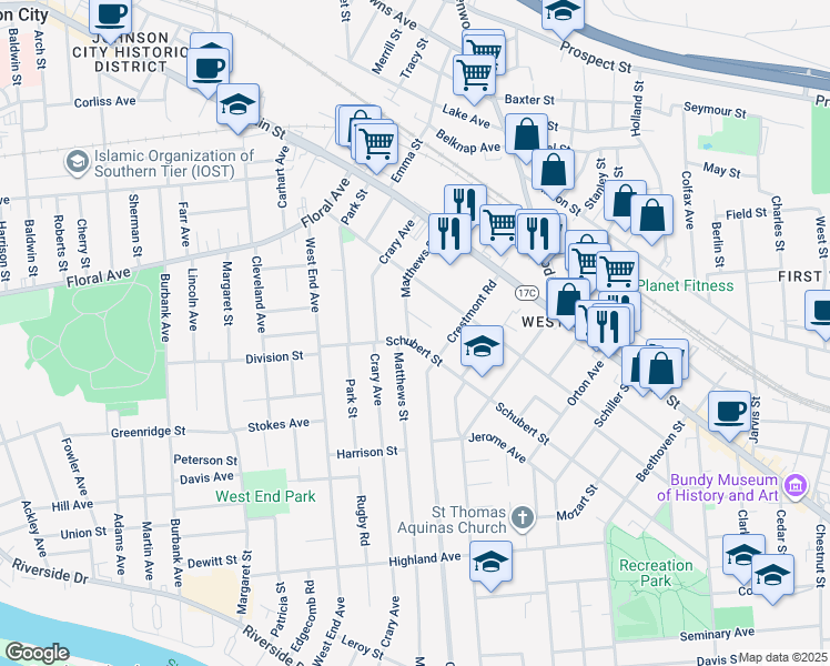 map of restaurants, bars, coffee shops, grocery stores, and more near 12 Boulevard Terrace in Binghamton
