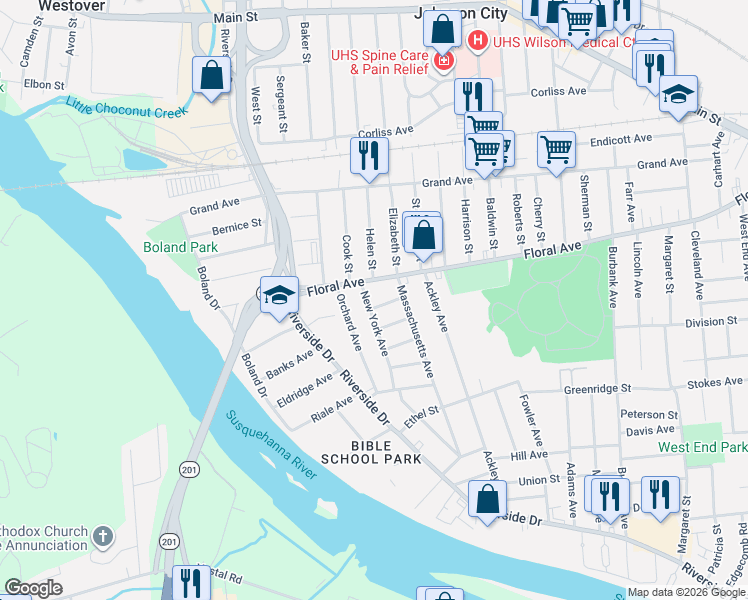 map of restaurants, bars, coffee shops, grocery stores, and more near 20 New York Avenue in Johnson City