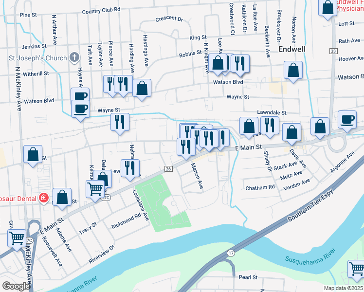 map of restaurants, bars, coffee shops, grocery stores, and more near 2806 North Street in Endicott