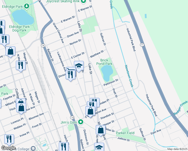map of restaurants, bars, coffee shops, grocery stores, and more near 1111 Oak Street in Elmira