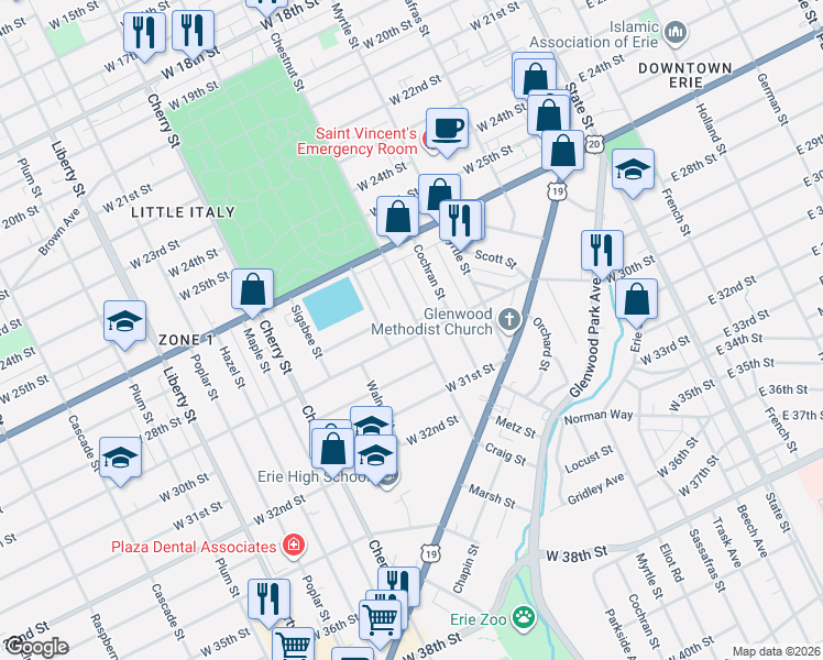 map of restaurants, bars, coffee shops, grocery stores, and more near in Erie