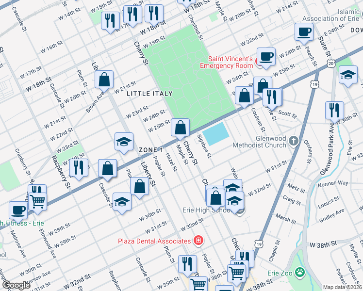 map of restaurants, bars, coffee shops, grocery stores, and more near 2622 Cherry Street in Erie