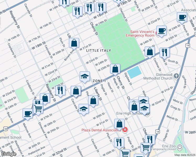 map of restaurants, bars, coffee shops, grocery stores, and more near 2530 Poplar Street in Erie