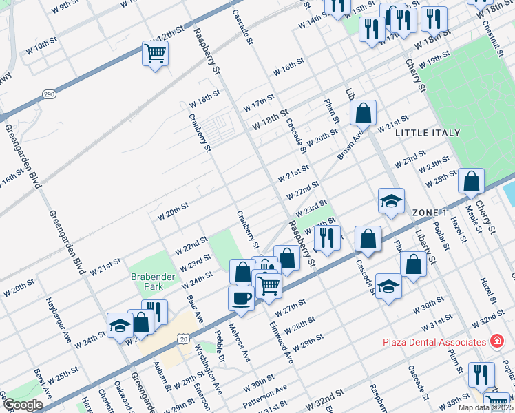 map of restaurants, bars, coffee shops, grocery stores, and more near 1124 West 22nd Street in Erie