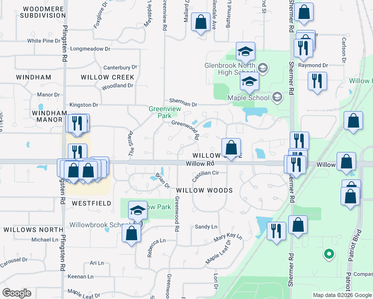 map of restaurants, bars, coffee shops, grocery stores, and more near 2553 Essex Drive in Northbrook