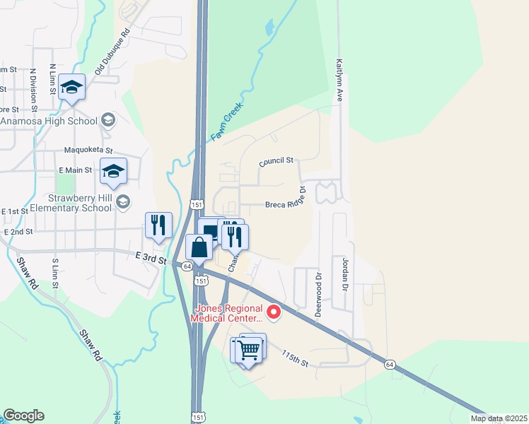 map of restaurants, bars, coffee shops, grocery stores, and more near 1611 Breca Ridge Drive in Anamosa