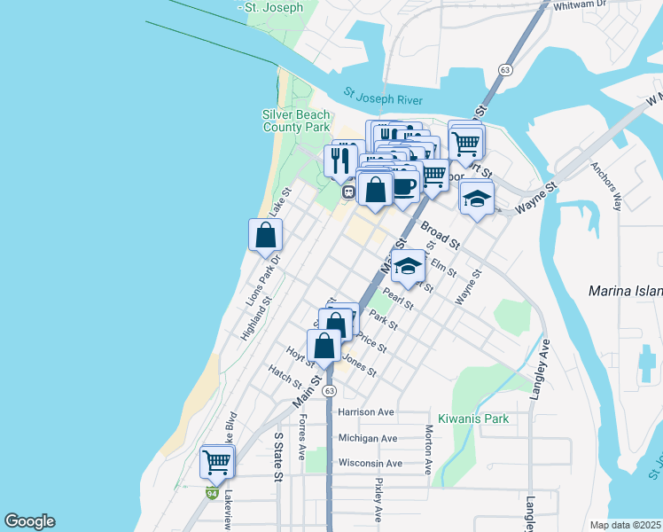 map of restaurants, bars, coffee shops, grocery stores, and more near 707 Lake Boulevard in St. Joseph