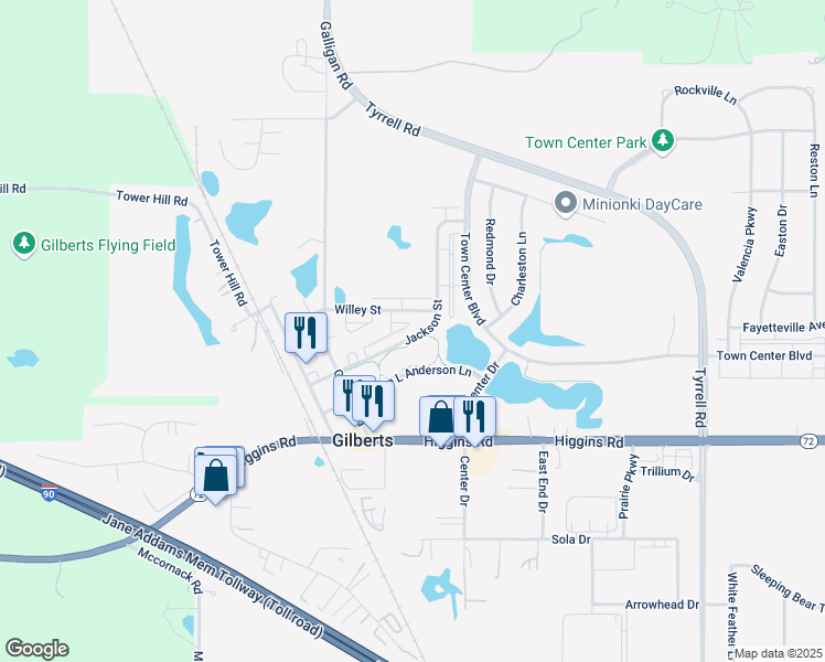 map of restaurants, bars, coffee shops, grocery stores, and more near 182 Jackson Street in Gilberts