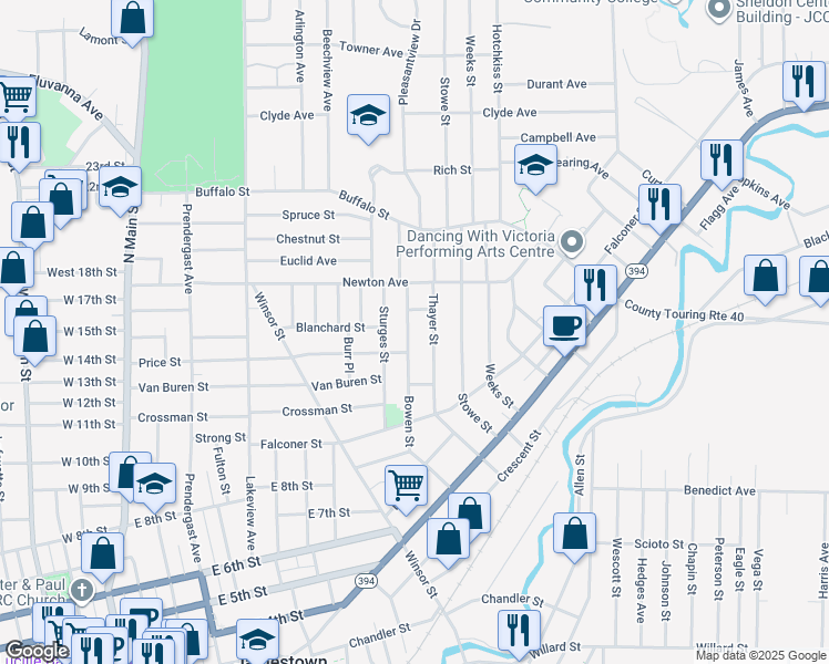 map of restaurants, bars, coffee shops, grocery stores, and more near 160 Bowen Street in Jamestown